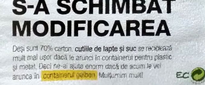 Cutiile din carton pentru lapte sau suc trebuie reciclate la plastic/metal