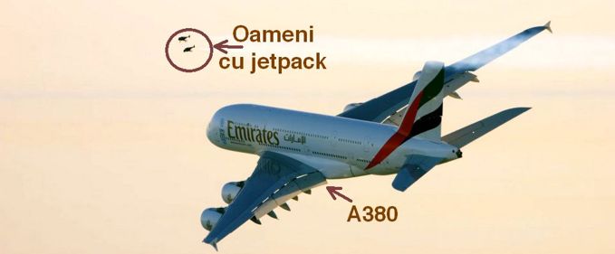 Cascadoria anului: doi oameni cu jetpack zboară lângă un A380