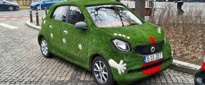 Un Smart acoperit de iarbă