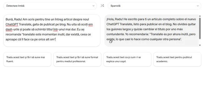 ChatGPT are site de traduceri și suportă acum și româna, dar nu aduce nimic nou